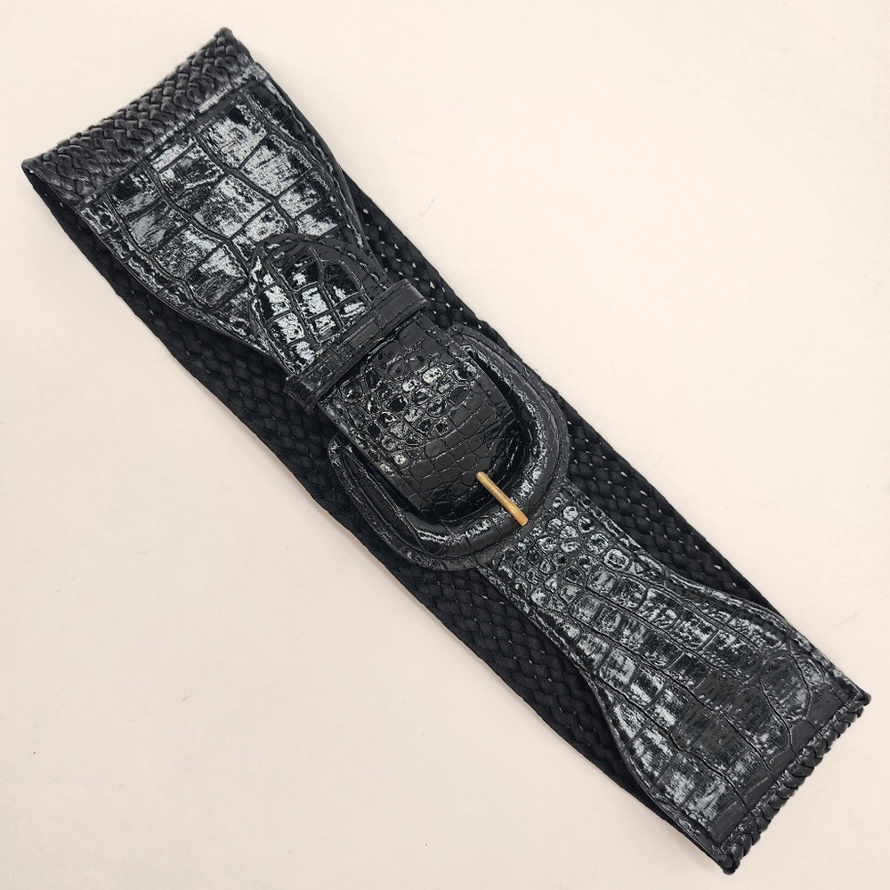 Wide belt women's S black vegan patent leather woven croc embossed whimsigoth